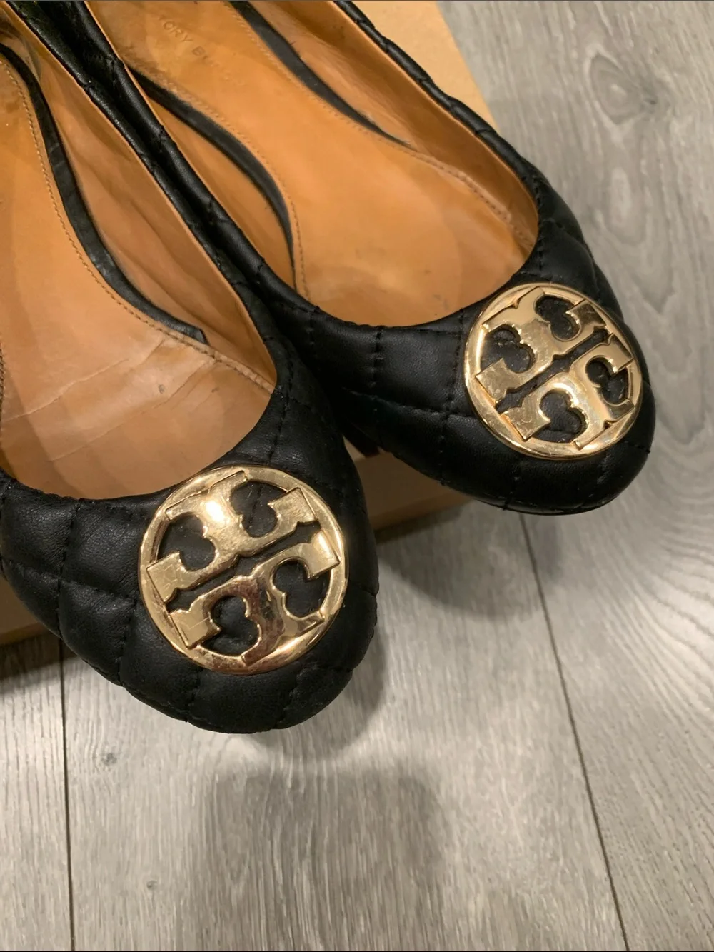 Tory Burch Black Quilted Leather Ballet Flats with Gold Logo